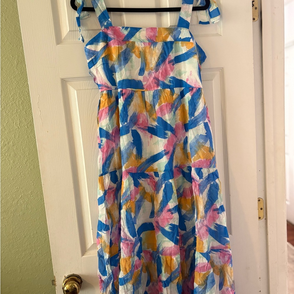 Blu Pepper Midi Dress in Blue, Pink & Yellow Brushstroke Print